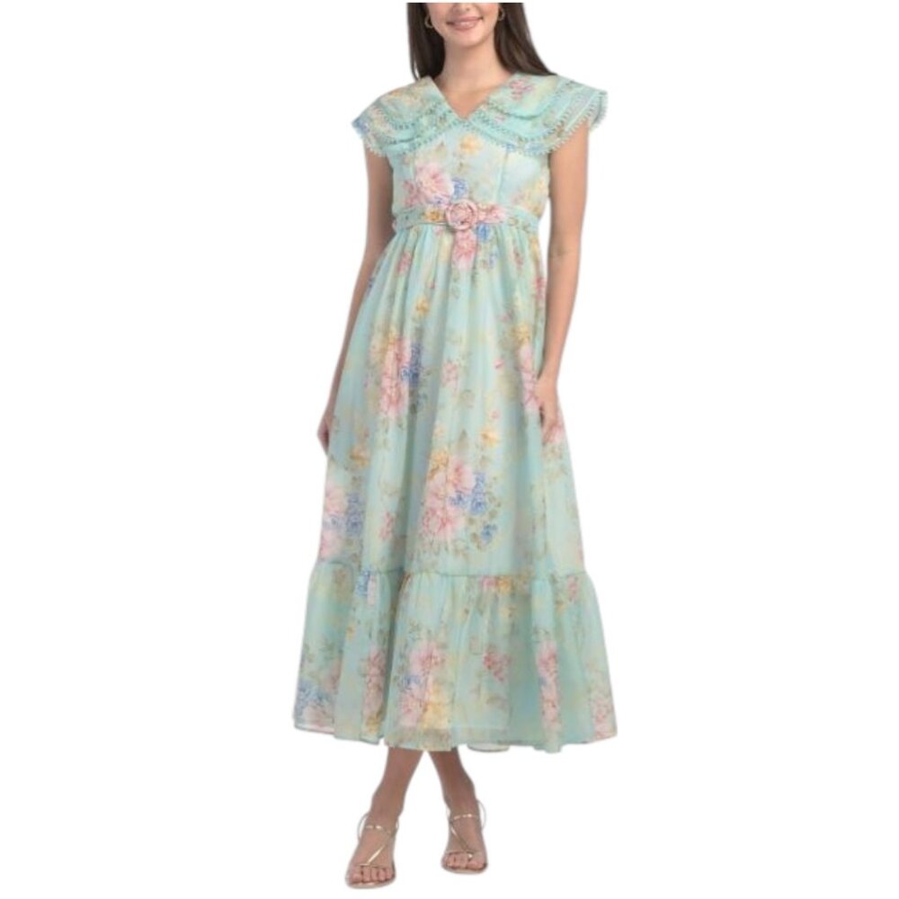 DALIA MACPHEE Oversized Collar Floral Maxi Dress With Belt